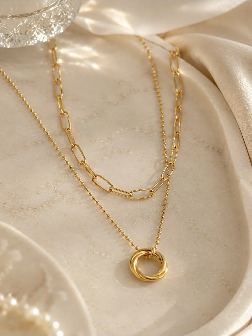 Gold Layered Circle Pendant Necklace Stainless Steel Paperclip Chain Set